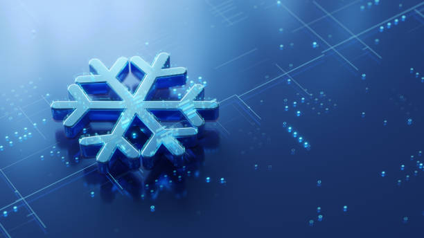 Christmas Snowflake 3D symbol with digital effects on the glossy futuristic surface with abstract glowing dots and lines