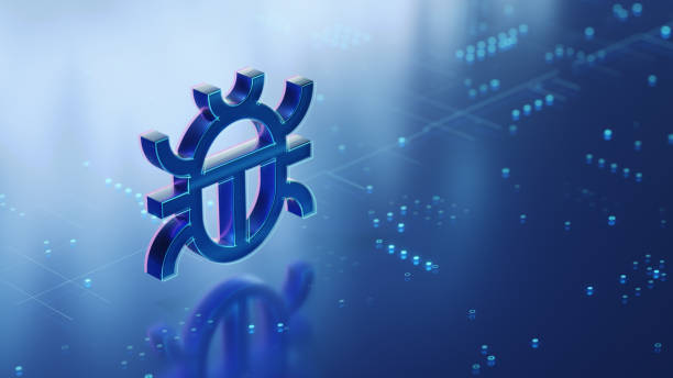 istock 3D computer bug icon on the glossy futuristic surface with abstract glowing dots and lines 2173061198