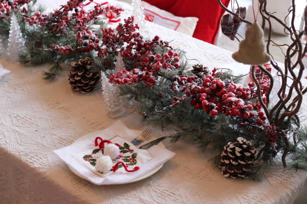 Christmas festive table setting in red and white colors