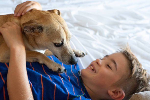 istock Boy playing with his dog and laughing 2173067632