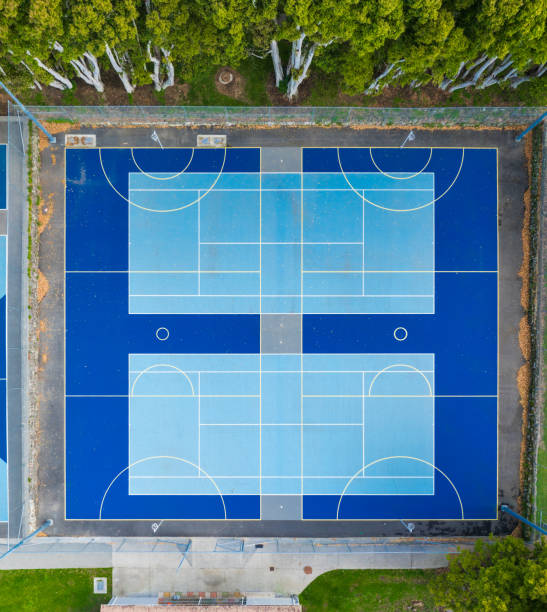 istock Blue sports field from above, geometric marking nd patterns. 2173069252