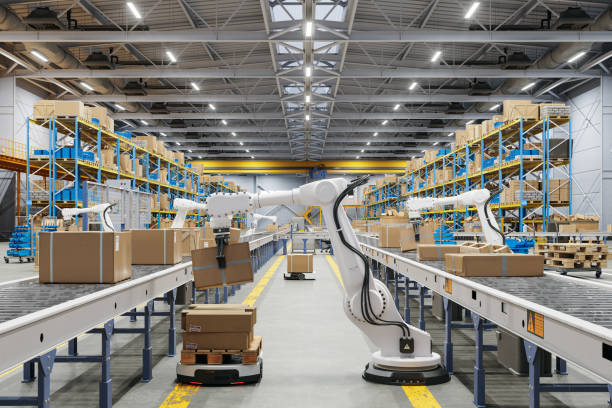istock Distribution Warehouse With Automated Guided Vehicles And Robots Working On Conveyor Belt 2173069636