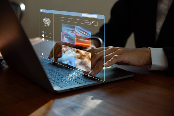 Woman using laptop with Ai assistant. command to create something, Generate images by artificial intelligence.