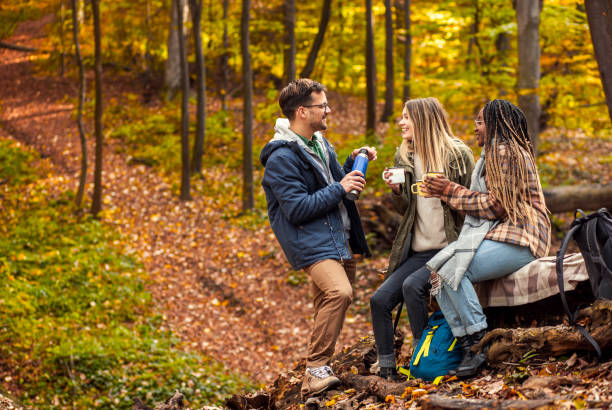 Three friends resting after hiking in forest sitting on collapsed trunk and drinking tea.