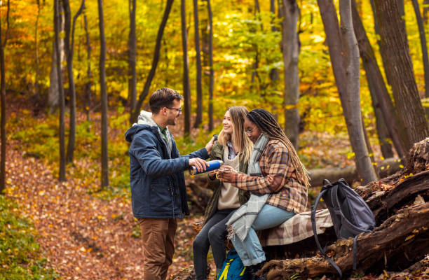 istock Three friends resting after hiking in forest sitting on collapsed trunk and drinking tea. 2173073391