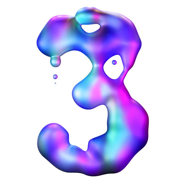 Holographic liquid number 3 isolated on white background. Dynamic fluid, iridescent futuristic surface. Numeral three. Flowing shape. Cutout design element. Third birthday, anniversary. Y2k style. 3D.