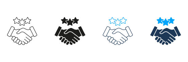 Handshake With Stars Pictogram. Best Partnership Line and Silhouette Icon Set. Client Review Symbol. Business Communication And Support. Editable Stroke. Isolated Vector Illustration Handshake With Stars Pictogram. Best Partnership Line and Silhouette Icon Set. Client Review Symbol. Business Communication And Support. Editable Stroke. Isolated Vector Illustration. loyalty stock illustrations