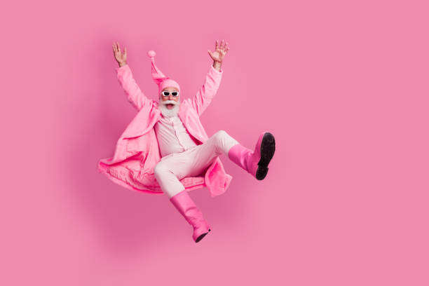 istock Full size photo of overjoyed aged man falling empty space newyear bathrobe boots isolated on pink color background 2173082162