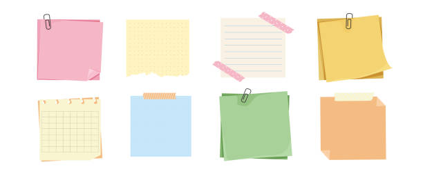 stockillustraties, clipart, cartoons en iconen met memo notes, paper for note with clip, postit. planner notebook page. idea list. post note sticker. quote frame, reminder. vector illustration - plaknotitie