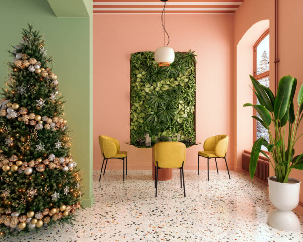 istock Mid-Century Modern Dining Area With Christmas Tree And Decorations 2173089423