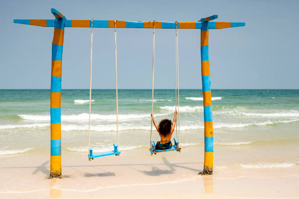 Children's playground on the beach. Empty outdoor children playground on beach