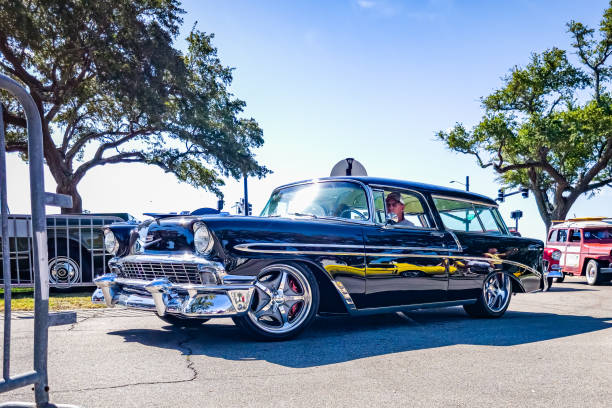 Gulfport, MS - October 02, 2023: Low perspective front corner view of a 1956 Chevrolet Bel Air Nomad Station Wagon at a local car show.