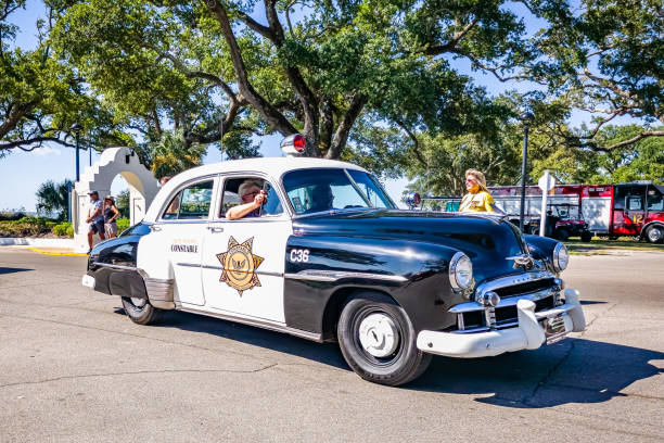 Gulfport, MS - October 02, 2023: Low perspective front corner view of a 1950 Chevrolet Styleline Deluxe 4 Sedan at a local car show.