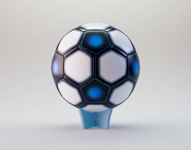 A modern generic moulded soccer football with a color pattern and dimple texture resting on a stand on an isolated studio backgrund - 3D render