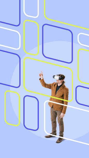 istock Contemporary art collage. Exploring virtual world through headset, image highlights immersion of industry professionals into cutting-edge technology. 2173116563