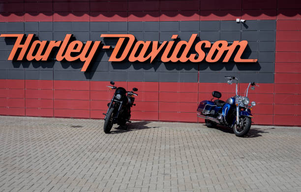 Minsk, Belarus, September 19, 2024 - Harley Davidson logo in a dealership motorbike store