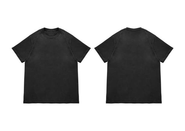 istock Blank t-shirt black template front and back view on clean background. Short Sleeve mock-up 2173126544