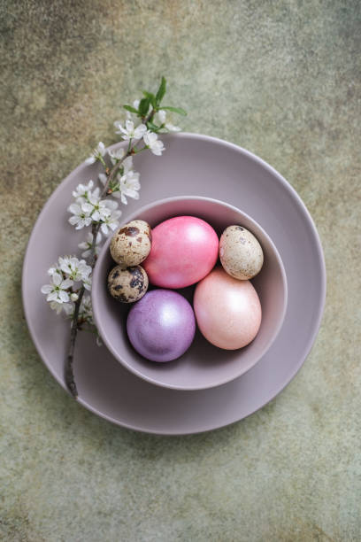 istock Top view of pastel colored Easter eggs on a plate with a blossoming branch. Easter serving idea 2173129771