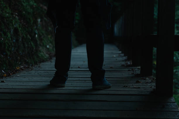 Silhouette of a man walking alone on a dimly lit wooden pathway surrounded by dark, eerie foliage