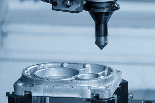 istock The CNC milling machine chamfer cutting aluminum part by chamfer tool in the light blue scene. 2173141591