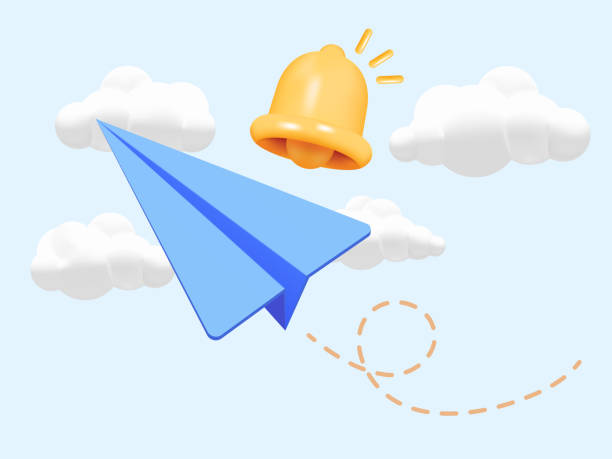 istock 3D Paper Plane in Sky with Yellow Bells and Clouds: Ideal Design Concept for Content Marketing, Notifications, Subscriptions, and Newsletters 2173147676