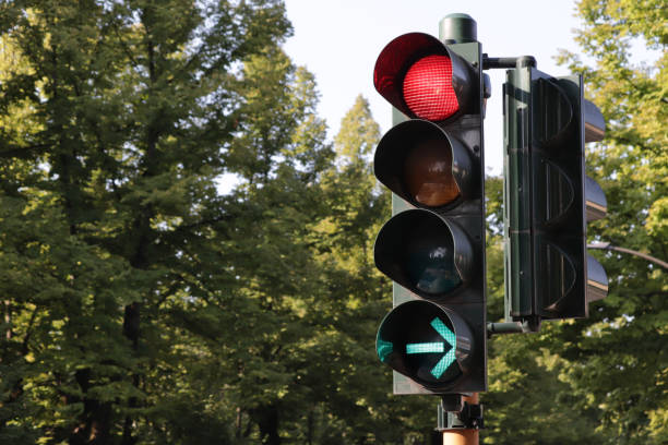 istock Red traffic light with green arrow. 2173159337