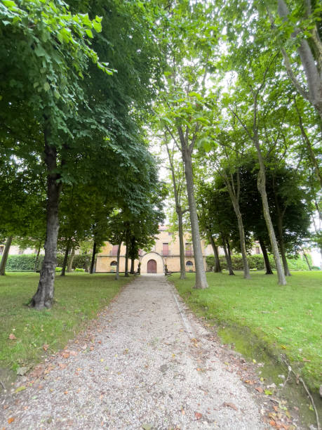 istock image of a tree-lined pathway leading to an old, rustic building in the distance. 2173161817