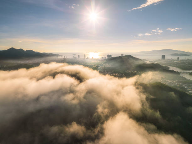 Drone view cloudy morning on Nha Trang city, Khanh Hoa province, central Vietnam