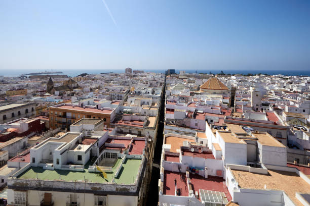 This image showcases a panoramic view of a city with whitewashed buildings and flat rooftops, a common architectural style in Mediterranean or coastal cities. The ocean is visible in the background, suggesting the city is near the coast. The rooftops vary in color and design, with some showing terraces or solar panels. The clear blue sky and bright sunlight add to the vibrant and warm atmosphere. This perspective, possibly taken from a tower or high vantage point, provides a sweeping look at the urban landscape and the proximity of the city to the sea.