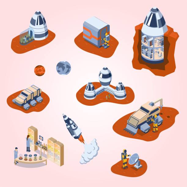 istock Isometric mars colonization icon set with astronaut on mars moonwalker rockets and other space elements vector illustration 2173170415