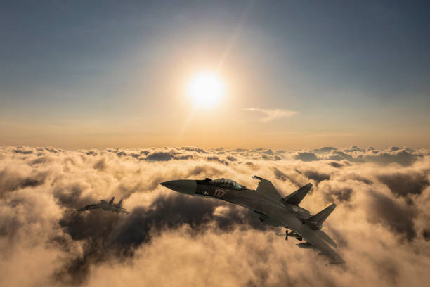 istock Russian Jet fighters flying over clouds. 2173174275