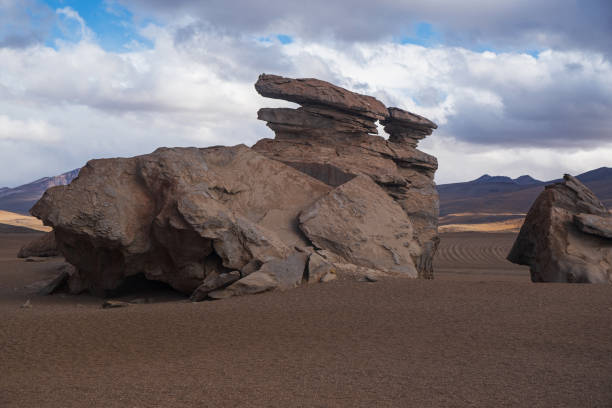 rock formations formed by erosion, on a sunny day with clouds, in a desert in Bolivia