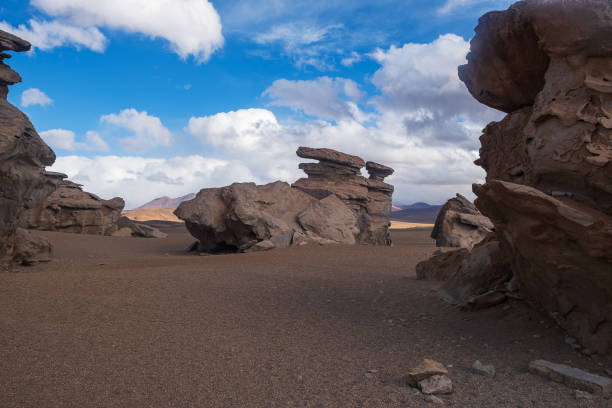 rock formations formed by erosion, on a sunny day with clouds, in a desert in Bolivia