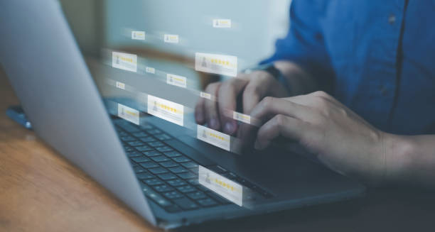 istock Customer review good rating concept, hand pressing user and five star icon on visual screen for positive customer feedback, testimonial and testimony, user comment and feedback for review. 2173179336