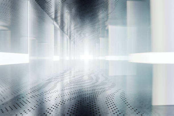 Empty futuristic glass and metal corridor. 3D generated image.