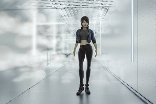 Futuristic cyborg avatar standing in empty futuristic corridor. 3D generated image.