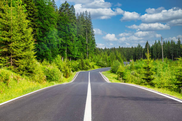 istock Countryside empty road in green forest 2173186138