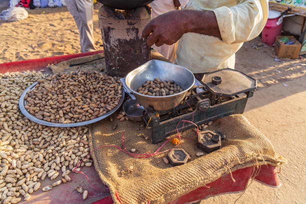 Pushkar, Rajasthan, India. Selling peanuts at an outdoor market.