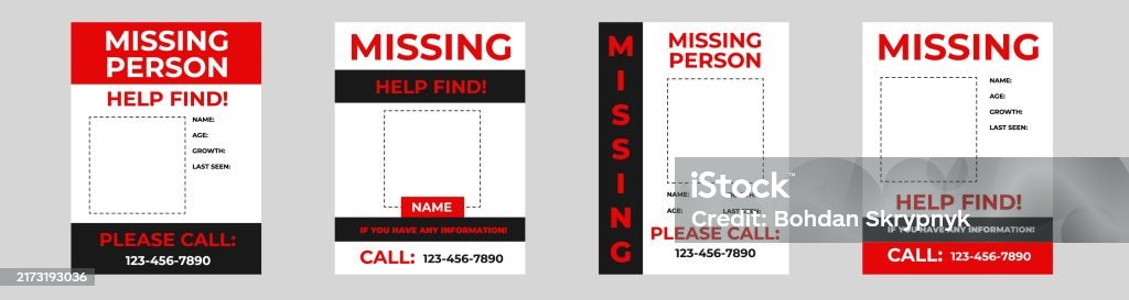 Missing Info Sign Set Of Missing Person Posters In Red Style With Warning Information ...