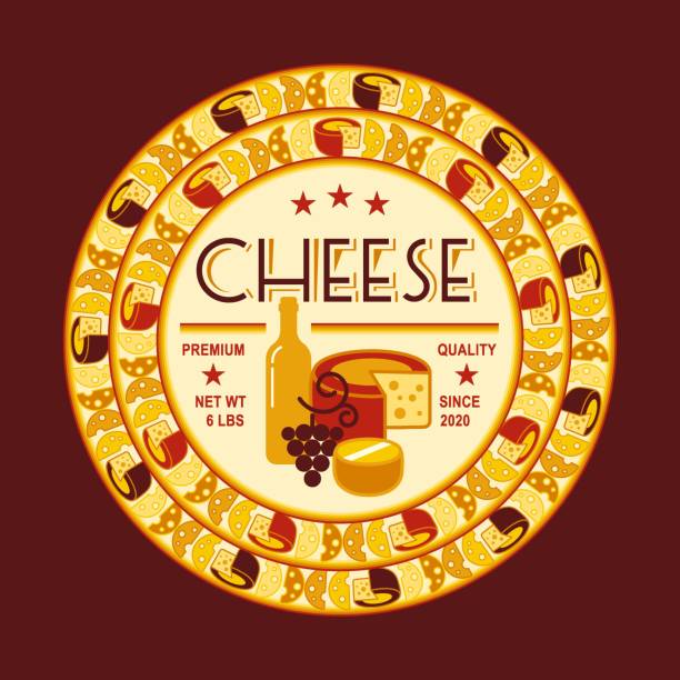 istock Circular cheese label template divided into sectors. Icon of cheese wheel, cheese slices, pieces, wine bottle. For food packaging and branding design. Dark background 2173196462