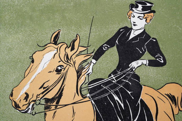 Vintage illustration of Young woman riding side-saddle on galloping horse, Jugendstil, Art Nouveau, German 1890s