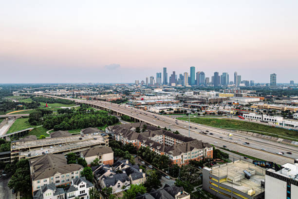 U.S. Interstate 10 entering Downtown Houston on an Overcast Day with Copy Space