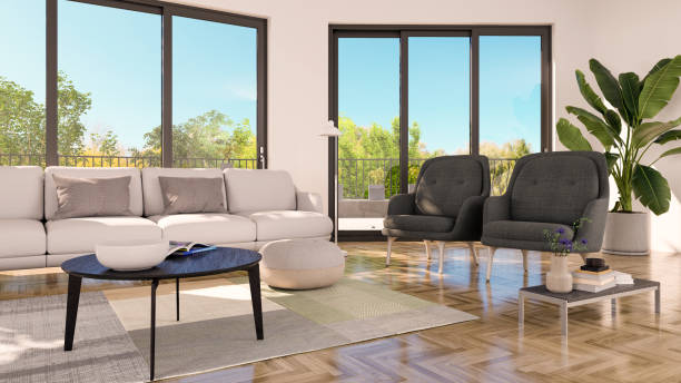 istock Large luxury modern bright interiors Living room mockup illustration 3D rendering image 2173205141