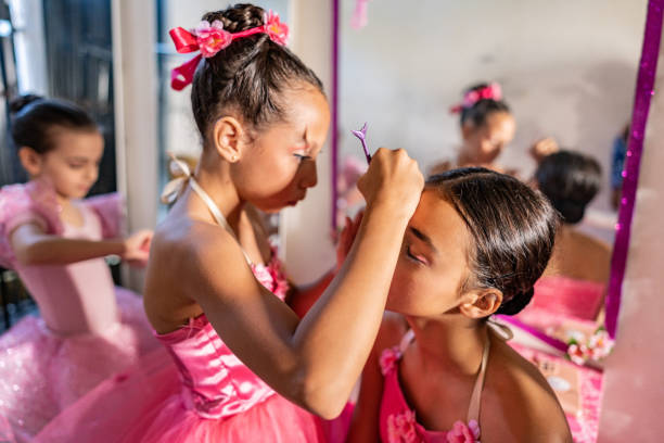 Children girls doing make up at backstage