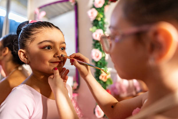 Children girls doing make up at backstage