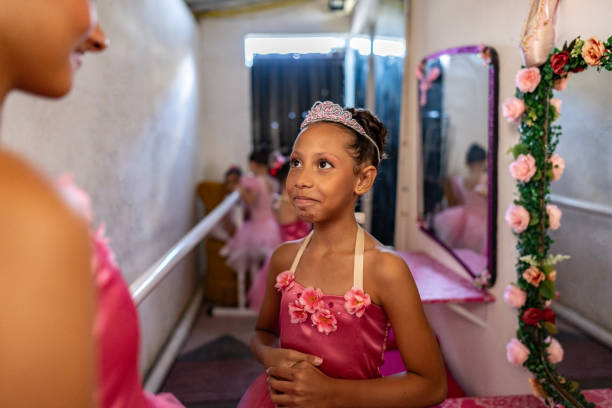 Child girl talking with her friend at backstage