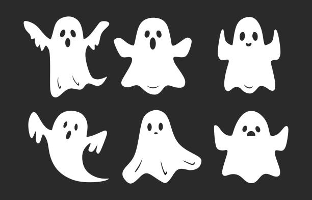 Flat halloween animated ghost collection A spooky collection of six cartoon ghosts perfect for Halloween themes and decorations. Ideal for festive design projects, invitations, or spooky artwork. cute horror stock illustrations