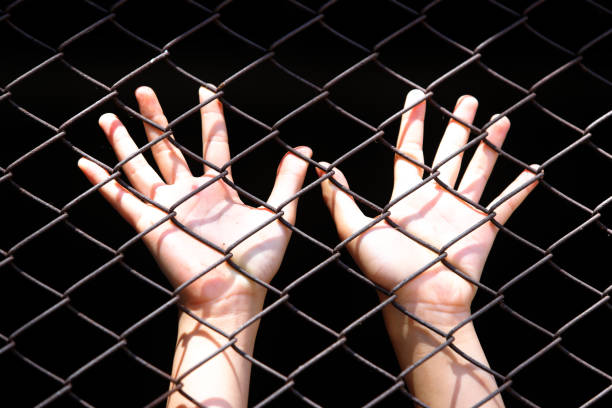istock Hands Reaching Through a Wire Fence in Darkness 2173242591