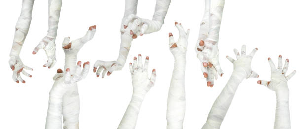 istock Set of mummy hands have bandages on them. Mummy, devil, evil, satan or zombie hands 2173246850