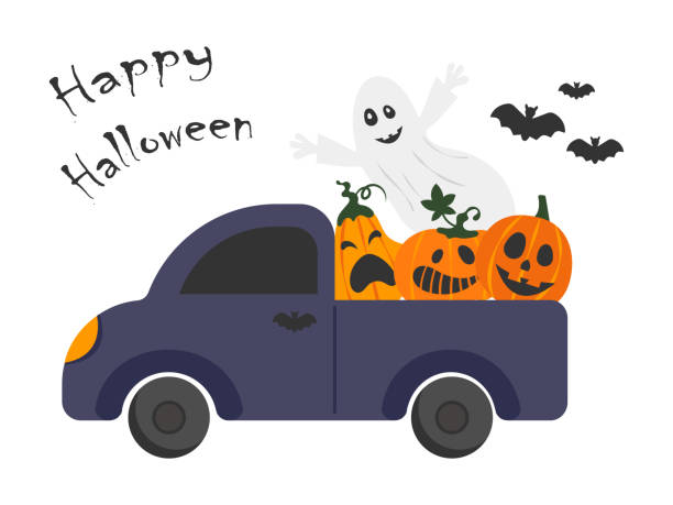 istock Halloween truck with ghost and pumpkins. Vector illustration isolated on white background 2173272286